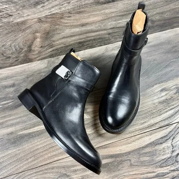 NIB Sam Edelman Nolynn 8M Black Leather Buckle Short Riding Ankle Boots Booties - Picture 2 of 12